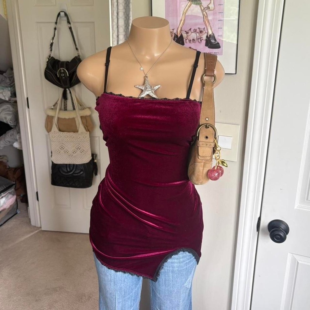 y2k 2000s burgundy velvet asymmetrical lace mini dress